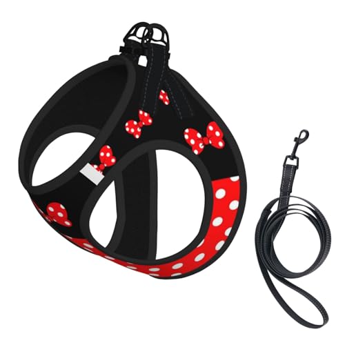 Red Black Polka Dot Bow No Pull Dog Harness and Leash Set, Reflective Vest for Small Dogs Adjustable, Cute Breathable Mesh...