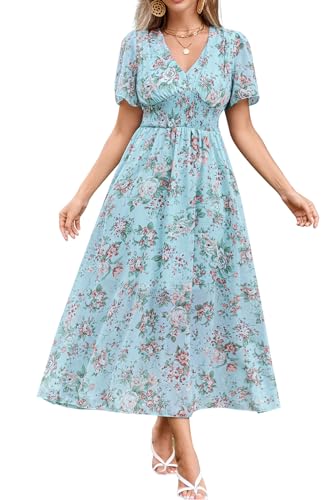 Women's Floral Maxi Dress Flowy V Neck Empire Waist Summer Wedding Guest Party Casual Chiffon Dress