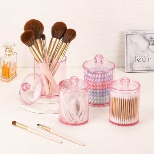 Tbestmax 12 oz & 10 oz Qtip Holder - 4 Pack Restroom Bathroom Organizers and Storage Containers, Pink Plastic Apothecary J...