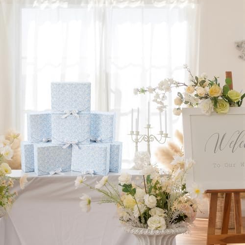 Kolldenn 8 Pack Blue Floral Bridesmaid Proposal Gift Boxes with Ribbon Lids 7.87x10.6x3.2In Toile Flower Empty Paper Box f...