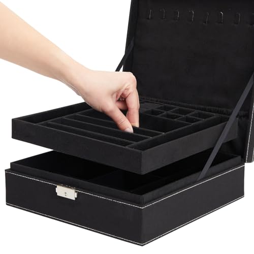 Juvale Jewelry Box for Men - 10.5 x 10.5 x 3.5 in, Black Velvet - Locking 2-Layer Travel Jewelry Organizer & Earring Holde...