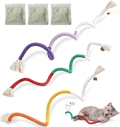 Letalong 3 PCS Cotton Rope Cat Toys with 3 Pack Catnip for Indoor Cats, Interactive Cat Rope Toys with Silvervine Fruit fo...