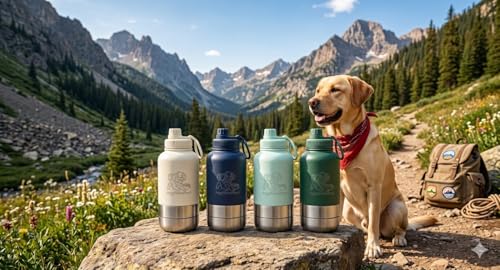 PuppiLovePets PuppiTravelBowl 3-in-1 Dog Travel Water Bottle – 32oz Insulated Aluminum Container with 2 Detachable Cups, L...