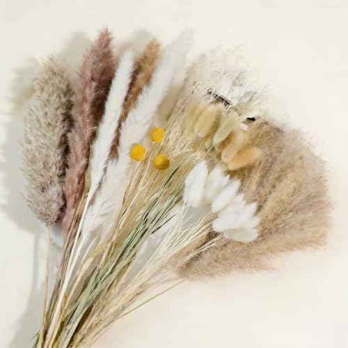 100PCS Natural Dried Pampas Grass Decor - 17.5" Fluffy Pampas Grass Bouquet - Boho Home Decor Dried Flowers for Wedding Fl...