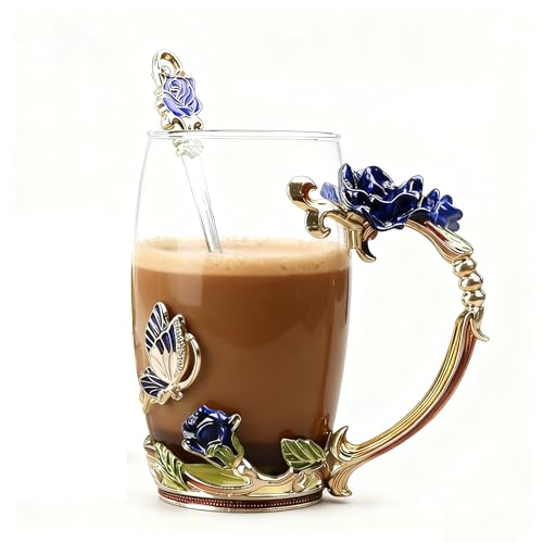 Gifts for Mom Women Unique Blue Tea Mug With Spoon Set & Flower Decoration - Top Birthday Christmas Gifts For Women Mom Wh...
