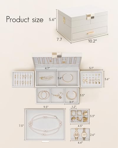 VLANDO 3 Layer Jewelry Box - Women Jewelry Box with Retractable Tray - Jewelry Organizers with Drawer for Necklaces, Ring...