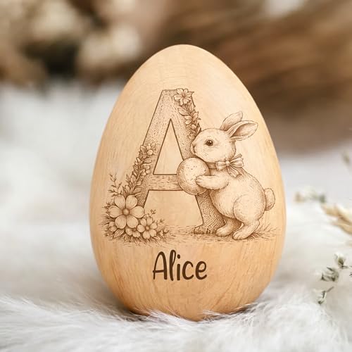 Personalized Wooden Easter Egg with Initial and Name, Custom Engraved Bunny & Floral Wood Egg, Unique Spring Holiday Gift ...
