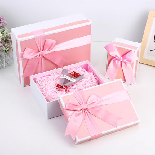 Airuisike Gift Boxes With Lids For Presents, Set Of 3 Pink Gift Wrap Boxes With Ribbon, Assorted Boxes For Presents, Sturd...