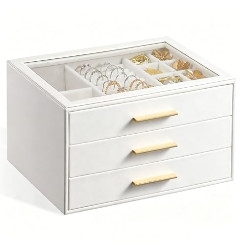 GUOER Jewelry Box for Women, Glass Lid Jewelry Organizer with 3 Drawers PU Jewelry Storage Case for Necklaces Rings Earrin...