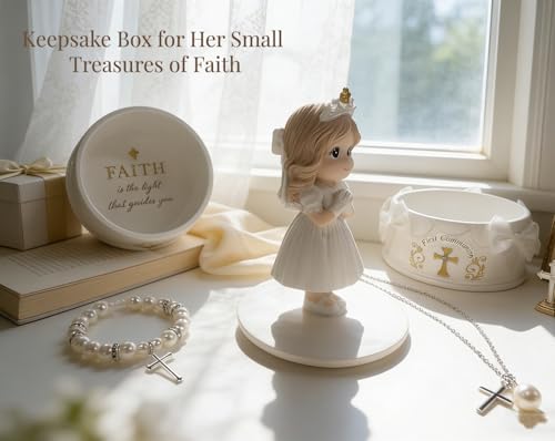 WANCHIY First Communion Gifts for Girls - 1st Holy Communion Gift with Prayerful Girl Figurine, Keepsake Box & Pearl Brace...