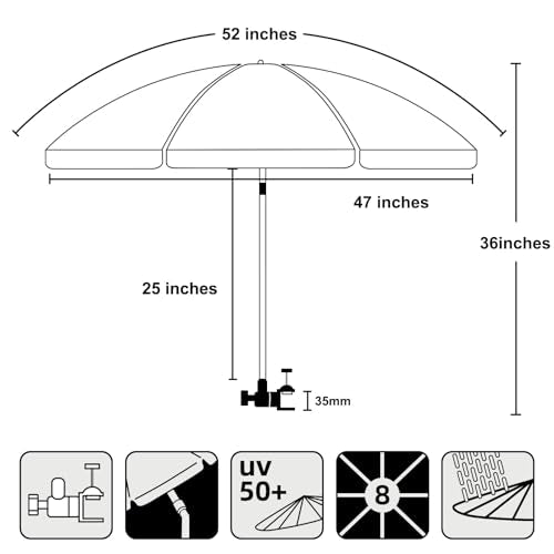 AMMSUN XL Chair Umbrella with Universal Clamp Adjustable 47 inches and 360-degree Swivel UPF 50+, Portable Clamp on Campin...