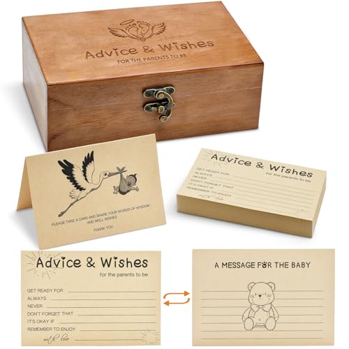 Natural Wooden Baby Shower Keepsake Box with 50 Pcs Advice & Wishes Kraft Cards - Elegant Guest Book Alternative – Rustic ...