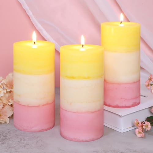 FLAVCHARM Sweet Honeysuckle Scented 3x6 Inch Pillar Candles Yellow White Pink Layered Aesthetic Decorative Home fragrances...