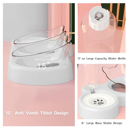 Marchul Raised Three Cat Dishes for Food and Water, Pet Feeding Bowls with Automatic Water Bottle