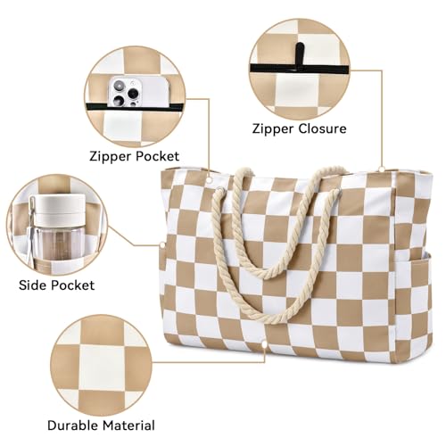 Becokan Beach Bags for Women Checkered Large Beach Tote Bag Zipper Beach Bags Waterproof Sandproof Canvas Swim Pool Bag