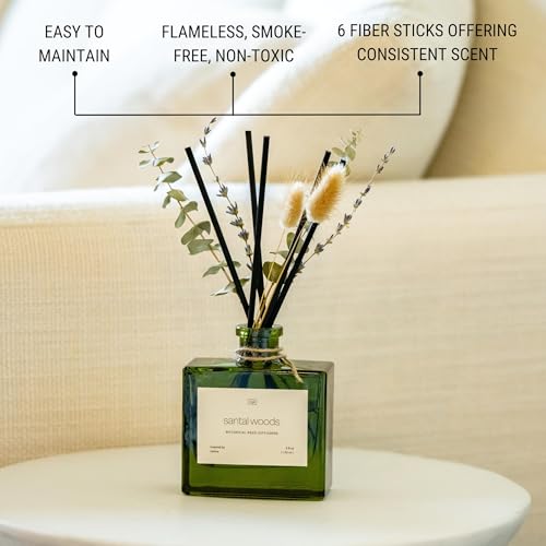 Craft & Kin Reed Diffuser with Dried Flowers | 5 oz Santal Woods Scented Reed Diffusers for Home, Bathroom | Scent Sticks...