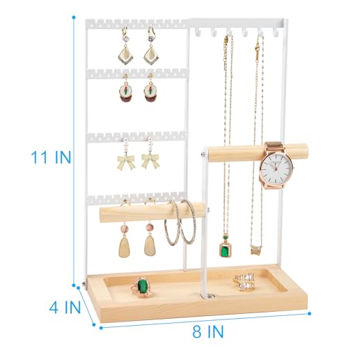 Jewelry Organizer Stand, Jewelry Holder, Lengnoy 4 Tier Earring Holder with 48 Holes and 6 Hooks Necklace Organizer Wood B...