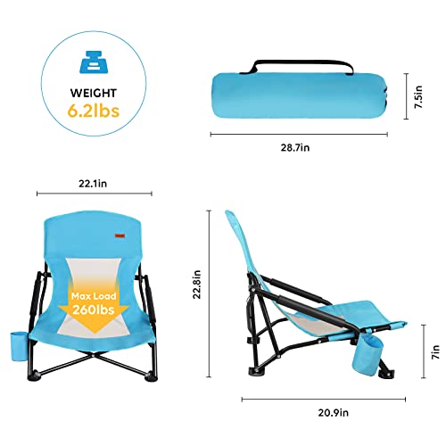 TOBTOS Low Beach Chair for Adults 2 Pack, Low Profile Folding with Cup Holder & Carry Bag, Heavy Duty Chair for Outdoor Sa...