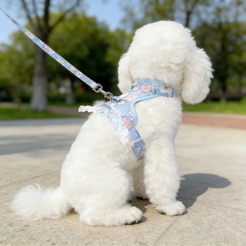 Cat Harness and Leash Set, Sweet Floral Kitten Collar, Escape Proof Small Dog Harness with Organza Ruffles, Cute Blue Dog ...