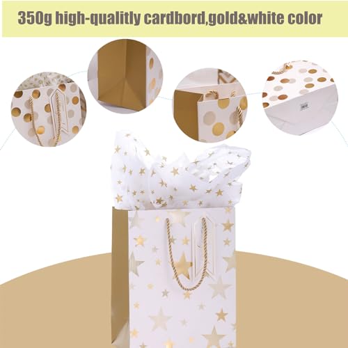 Dimetey 12pcs 9" Gift Bags, Medium Size Paper Bags with Tissue Paper, White Gold Wrap Paper Gift Bags with Handles for Sho...