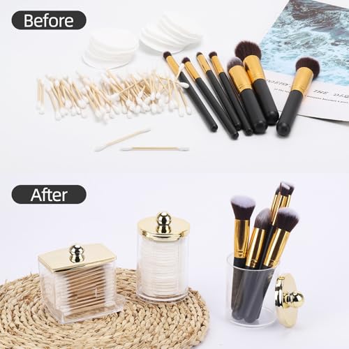 Tbestmax 3 Pack Qtips Dispenser - Bathroom Organizers and Storage Containers, Plastic Apothecary Jars with Gold Lids for C...