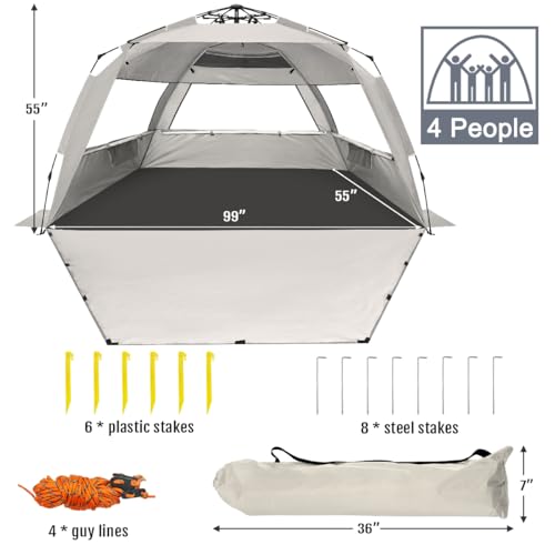 WhiteFang Deluxe Pop Up Beach Tent Sun Shade Shelter for 3-4/5-6 Person, UV Protection, Extendable Floor with 3 Ventilatin...
