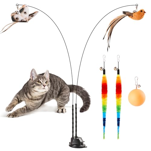 Potaroma Suction Cup Cat Wand Toys, Dual-Wand Interactive Kitten Toy for Indoor Cats with 5 Pcs Feathers Balls Attachment...