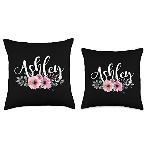 Ashley Name Personalized Floral Pink Black Women Girls Gift Throw Pillow