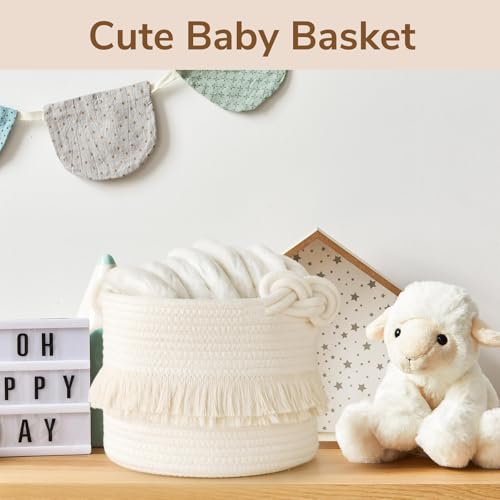 CherryNow Small Woven Storage Baskets, 9.5'' x 7'' inches Cotton Rope Decorative Hamper for Diaper, Blankets, Magazine and...