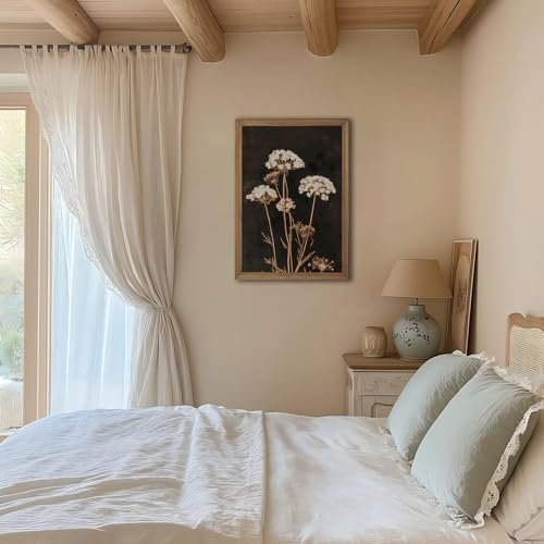 2Pcs Framed Moody Botanical Wall Art with Wood Frame Vintage Queen Anne’s Lace Flower Canvas Paintings Rustic Floral Poste...