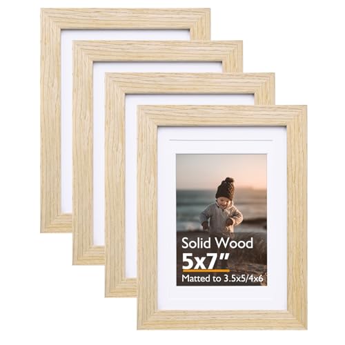 KINLINK 5x7 Picture Frame Natural, Solid Wood Frames with Acrylic Plexiglass for Pictures 3.5x5/4x6 with Mat or 5x7 withou...