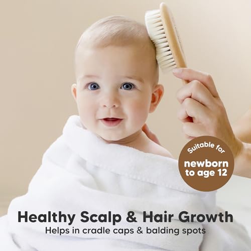 Baby Hair Brush Set for Newborns - Soft Goat Bristle Wooden Baby Brush and Comb Set Newborn Grooming Kit for Cradle Cap, D...