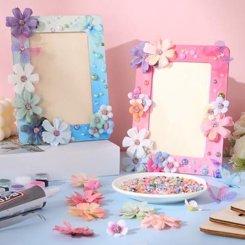 Teenyyou 12 Pack DIY Flower Picture Frame Painting Craft Kit 7.5 x 5.5 Summer Pearl 3D Butterfly Unfinished Wooden Photo F...