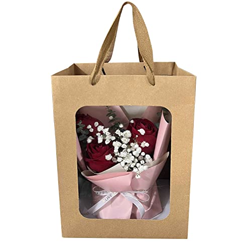 BallHull 12 Pcs Brown Paper Gift Bags with Transparent Window, 9.84"x7.0"x5.12" Kraft Shopping Bags with Handles for Bouqu...