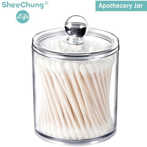 SheeChung Clear Acrylic Qtip Holder with Labels–Shatterproof Plastic Apothecary Jars for Bathroom Organization–Vanity Cott...