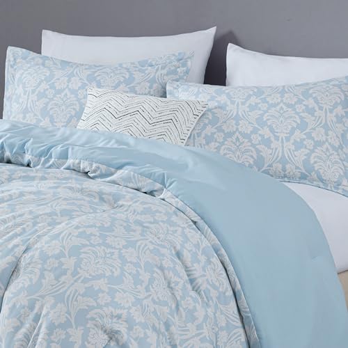 Chezmoi Collection Ivy Floral Medallion Comforter Set Twin Size, 2-Piece Blue/White Floral Printed Lightweight Bedding Com...