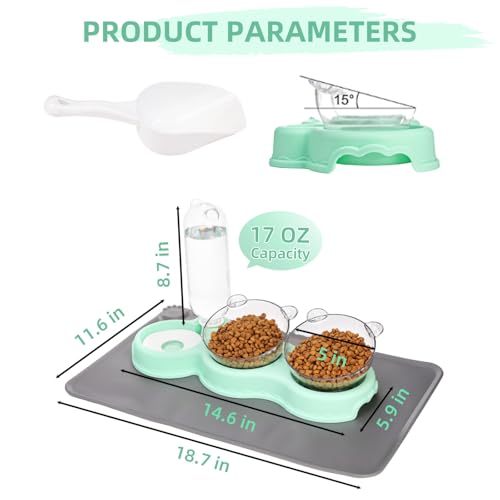WRINGKIT Triple Cats Bowls, Cat Food Water Bowl with Mat and Scoop, 15° Tilted Raised Cat Bowl Dishes with Automatic Water...