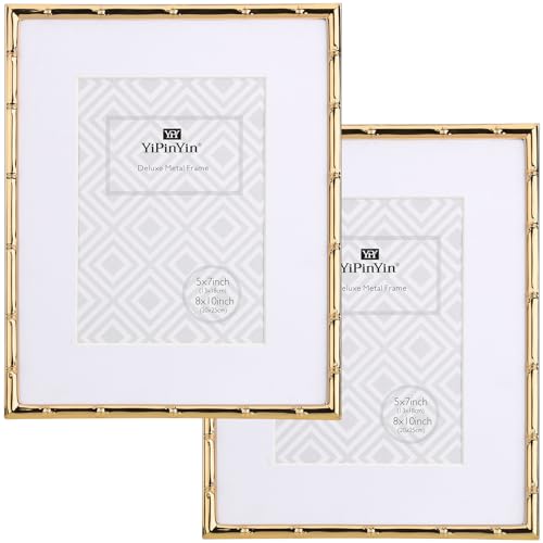 YiPinYin 8x10'' Bamboo Detail Gold Metal Picture Frame with Acid Free Mat for 5x7'' Set of 2,Narrow Gold Plated Photo Fram...