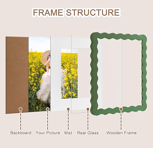 ScandiNest Scalloped 11x14 Picture Frame, Real Glass Wood Frame with Reversible Mat for 5x7/8x10 Prints, Wavy Edge for Wal...