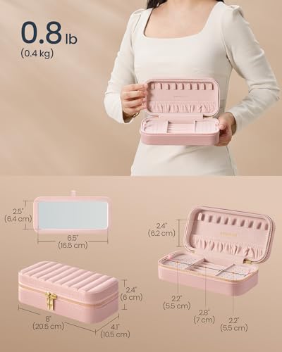 SONGMICS HOME Travel Jewelry Case, Travel Jewelry Box Organizer with Mirror, 4.1 x 8 x 2.4 Inches, Stitching, Portable, Gi...