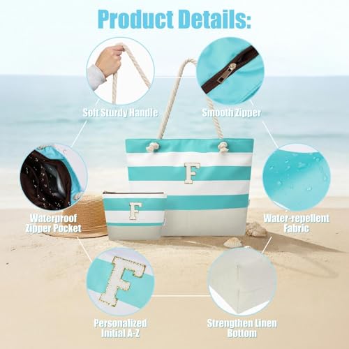 Vavabox Initial Beach Tote Bag for Women, Water-resistant Travel Beach Bag Pool Bag Set, Birthday Gifts for Women Mom