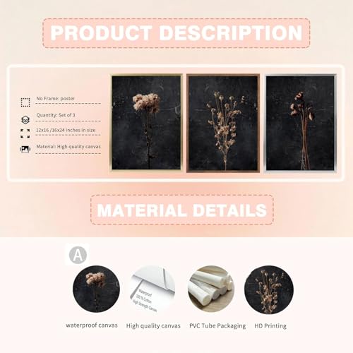 FTQYQLD 3Pcs Moody Dried Flower Wall Art Canvas Prints Dark Moody Botanical Unframed Poster Set Modern Farmhouse Home Deco...