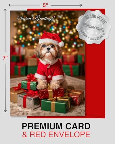 CATNEVERLAND Shih Tzu Santa Christmas Greeting Card – Dogs for Christmas Collection – 5x7” Premium Holiday Card with Red E...