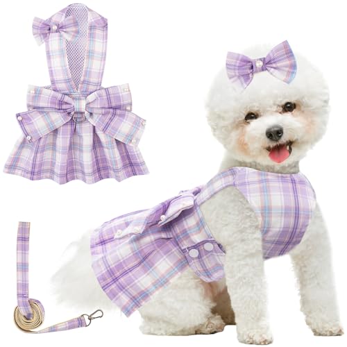 Plaid Dog Dresses for Small Dogs Girl Bowknot Harness Leash Set, Cute Small Dog Dress Harness Dogs Cat Clothes Female with...