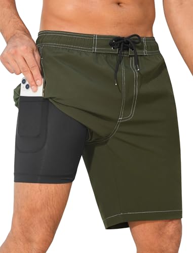 SILKWORLD Mens Swim Trunks with Compression Liner Quick Dry Board Shorts 9" Stretch Bathing Suits with 4-Hole Waistband