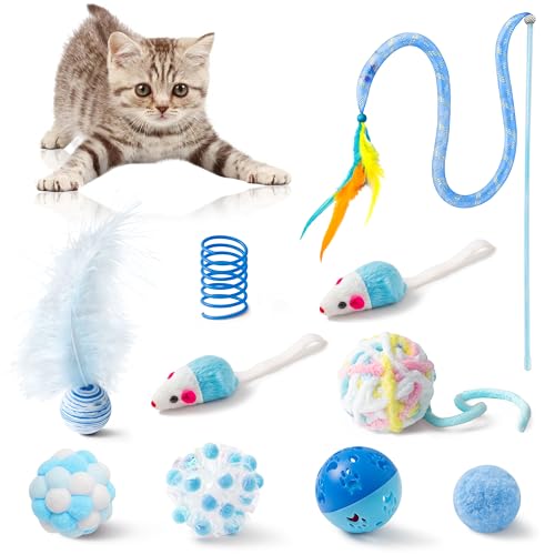 MALLMALL6 Cat Toy Set Interactive Cat Toys 10Pcs Pack Including Cat Springs Feather Teaser Wand Mice Crinkle Balls and Pet...
