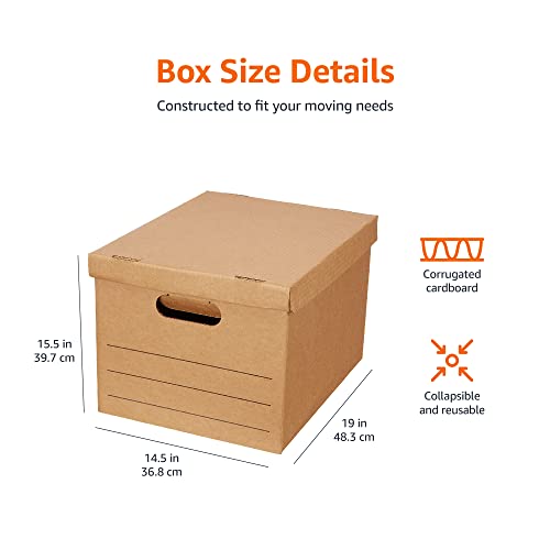 Amazon Basics Moving and Storage Boxes with Handles and Lift-Off Lids, Medium, 19" x 14.5" x 15.5", Brown, 10-Pack
