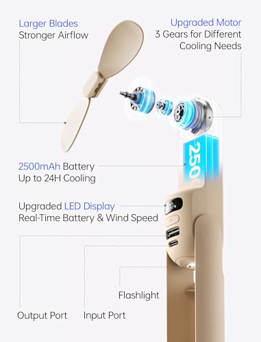 JISULIFE Handheld Travel Fan, Upgraded Mini Portable Fan with Up to 24 Working Hours for Long-term Outdoor Cooling, Combin...