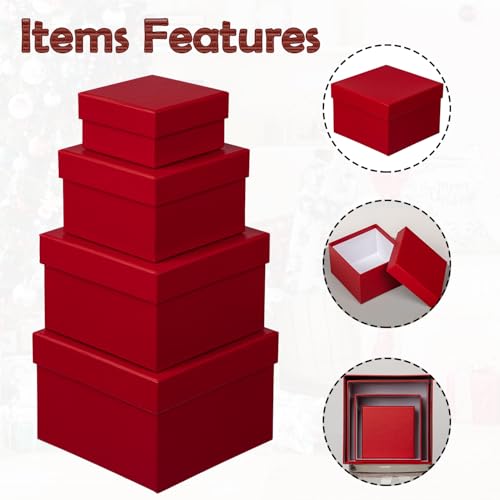 Oairse Gift Boxes for Presents Red Gift Boxes with Lids Nested Box with Lid 4 Packs Small Box Set for Bridesmaid, Proposa...