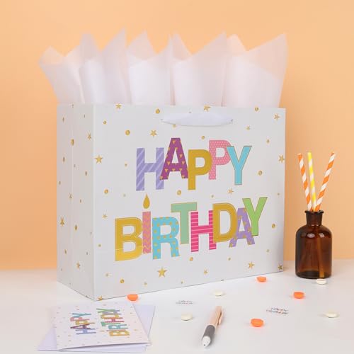Qirrmiy 13'' Large Happy Birthday Gift Bag Set with Handles, Greeting Card, White Tissue Papers and Stickers for Women Gir...